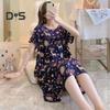 Women Nightdress Loose Floral Print Round Neck Pleated Short Sleeves Knee Length Homewear Casual Midi Dress Lady Nightgown Midi Dress