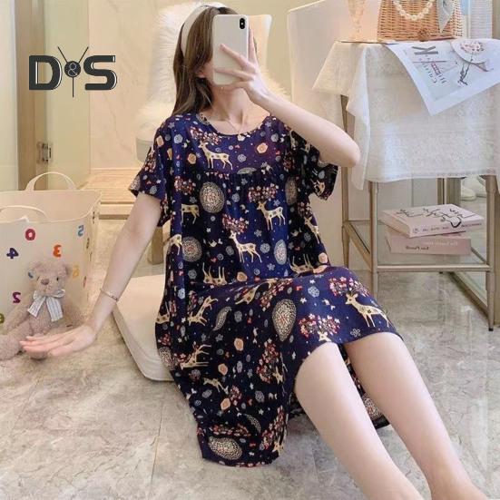 Women Nightdress Loose Floral Print Round Neck Pleated Short Sleeves Knee Length Homewear Casual Midi Dress Lady Nightgown Midi Dress