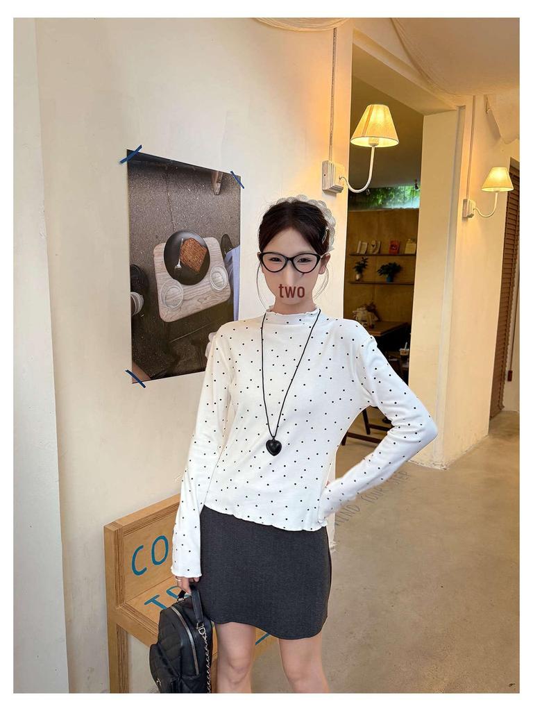 Miu Style Polka Dot Ruffle Long Sleeve Women's T-Shirt - Slim Fit, Half-High Neck, Perfect for Autumn/Winter.