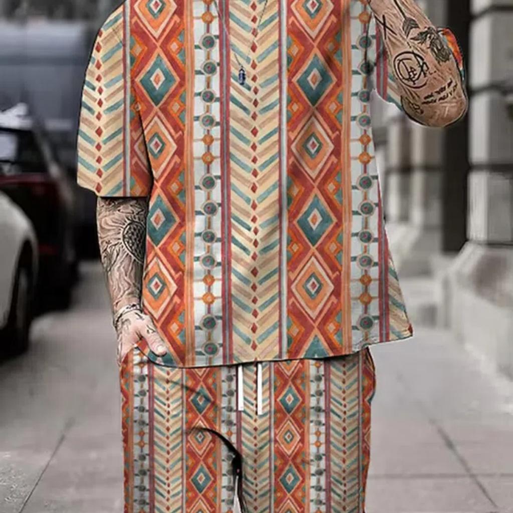 Summer Men's Short Sleeve Shorts Set Street Everyday Casual Men's T-Shirt Outdoor Fashion Loose Shorts Bohemian Print