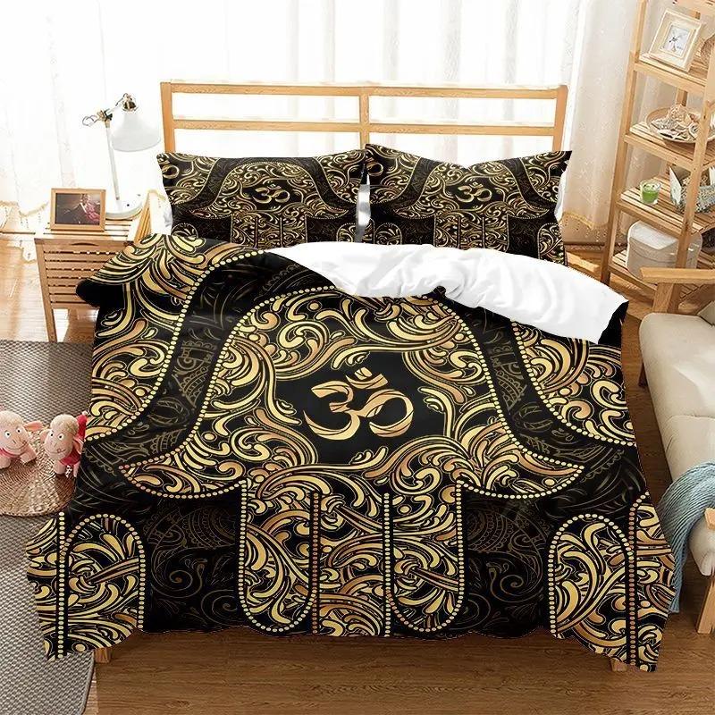 Hamsa Hand Bettbezug King Queen Boho Schwarz Gold Glückshand Fatima Bettwäsche Set Hippie Paisley Tribal Polyester Steppdeckenbezug