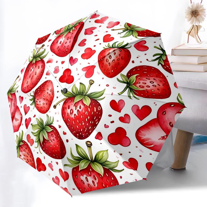 1pc Strawberry Heart Pattern Automatic Folding Umbrella, 8-Rib Iron Frame, Casual Outdoor Accessory for Birthday Festival Gifts Yy251128104
