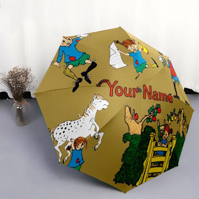 1 PC Automatic Folding Umbrella - Pippi Longstocking Custom Name Pattern, Portable & Foldable Design with 8 Ribs, Christmas Birthday Gifts