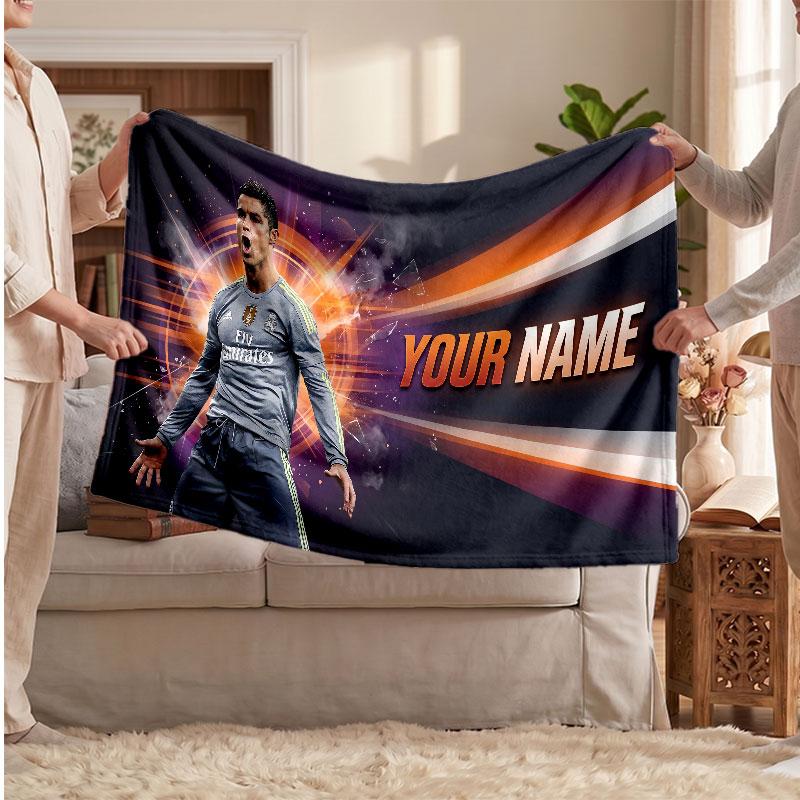 Coperta Personalizzata in Pile Cristiano Ronaldo con Logo Calcio, Testo Nome Personalizzato Morbida Calda Coperta da Divano per la Casa