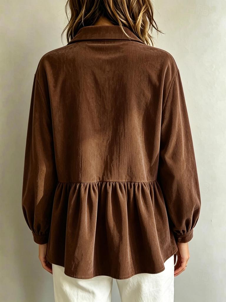 Women's Corduroy Doll Shirt with Lantern Sleeves and Waist-Cinching Design