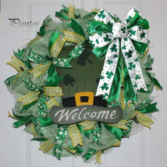 St. Patrick's Day Bow Large White Green Glitter Shamrock Bow Irish Holiday Decor Ribbon Bow Knot for Wreath Tree Topper Front Door