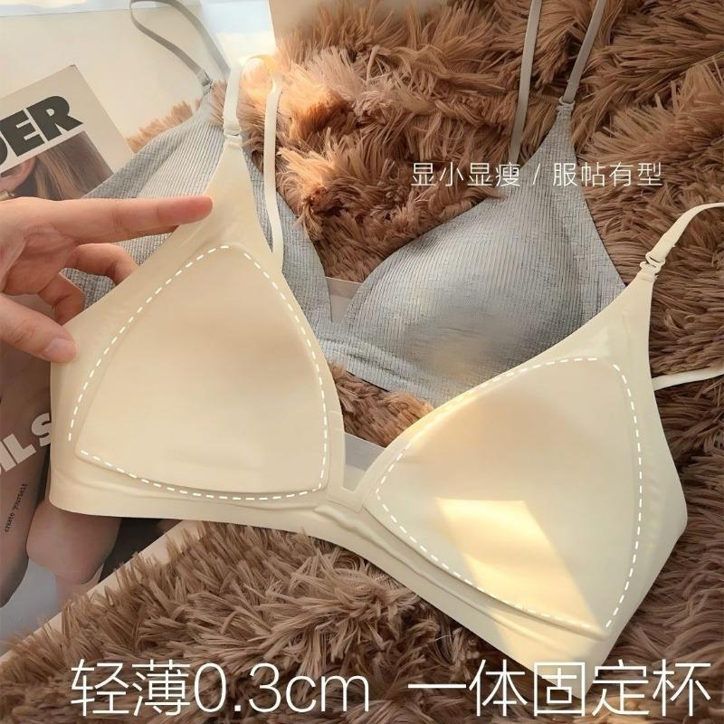 Women Thin Strap Deep V Backless Wireless Gathering Triangle Cup Bra