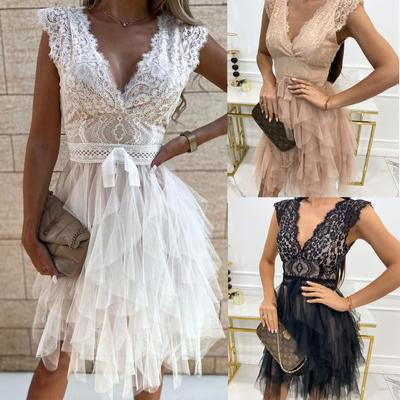 Women V Neck Lace Sleeveless Dress Summer Fashion Backless Tulle Dress Bridesmaid Dress Elegant Wedding Party Dress