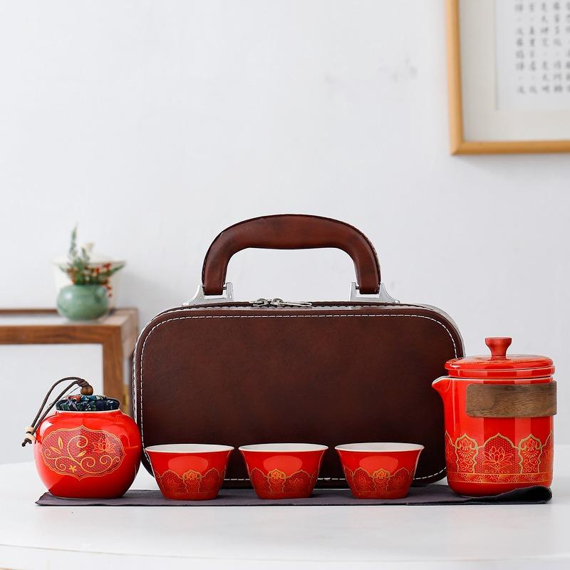 Portable Travel Tea Set, Ceramic Teapot & Cups with Storage Bag for Outdoor & Gift