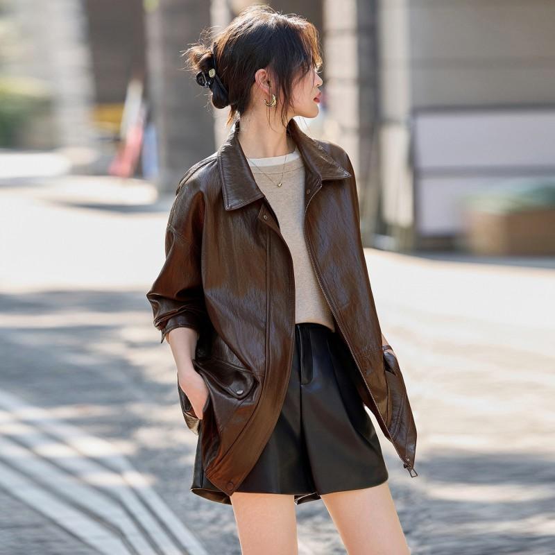 Womens Mid-Length PU Leather Coat 2026 Fall Loose Fit Oversized Jacket With Collar Black Red Coffee