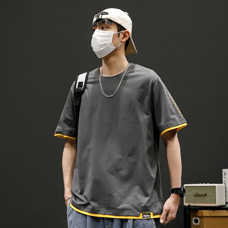 Men Fake Two Piece Contrast Trim Short Sleeve T Shirt Casual Loose Fit Summer Top
