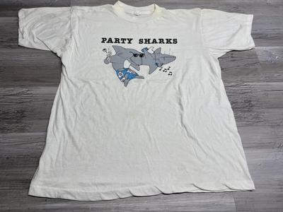 Vintage Partyhai Single Stitch T-Shirt Herren XL USA Ausgebleicht Weiß 90er Jahre Strand-T-Shirt