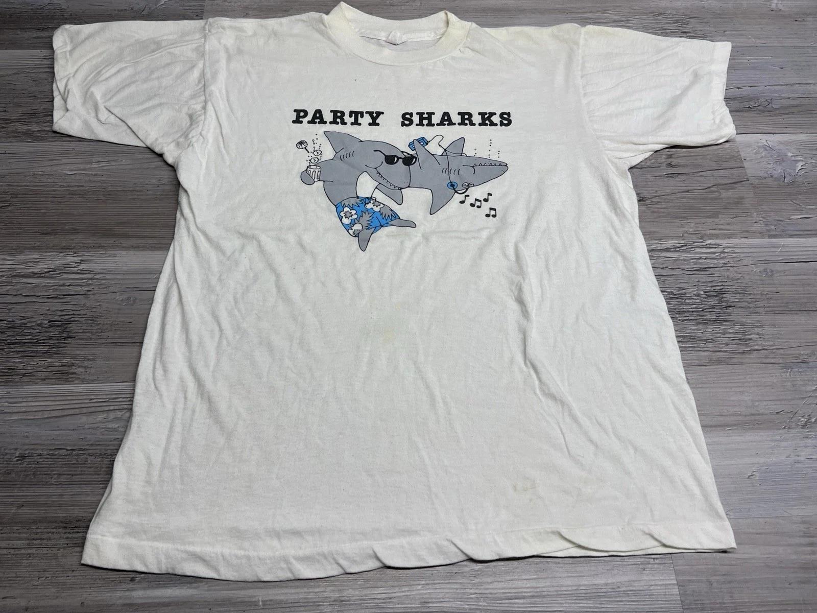 

Vintage Party Shark Single Stitch T-Shirt Mens XL USA Faded White 90s Beach Tee S