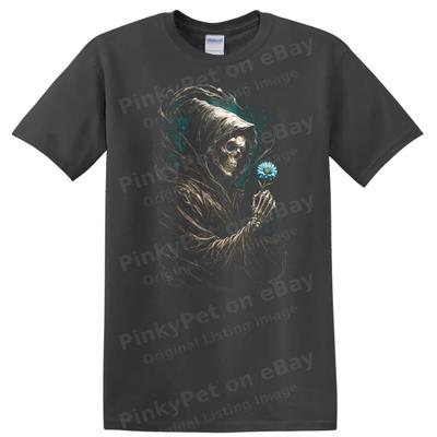Grim Reaper Holding Flower Graphic T Shirt Dark Art Skull Design Tee