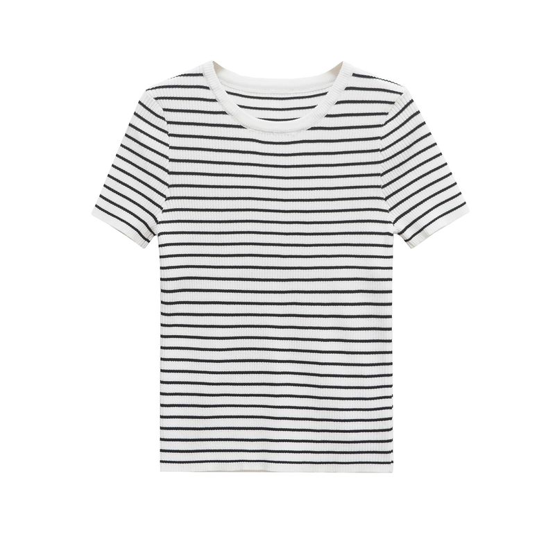 Kaslead New Arrival Women's Clothing Fashion Style Stripes Silm round Neck Short Sleeve Knitting Tops 3519020