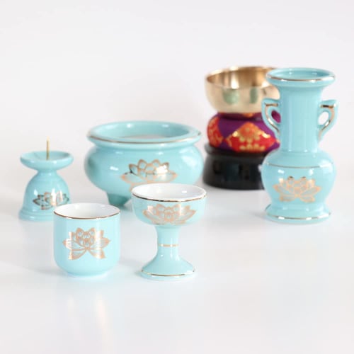 5-piece Celadon and Gold Lotus Ceramic Buddhist Altar Set + Bell Set with Incense Burner Ashes for Modern Mini Buddhist Altars