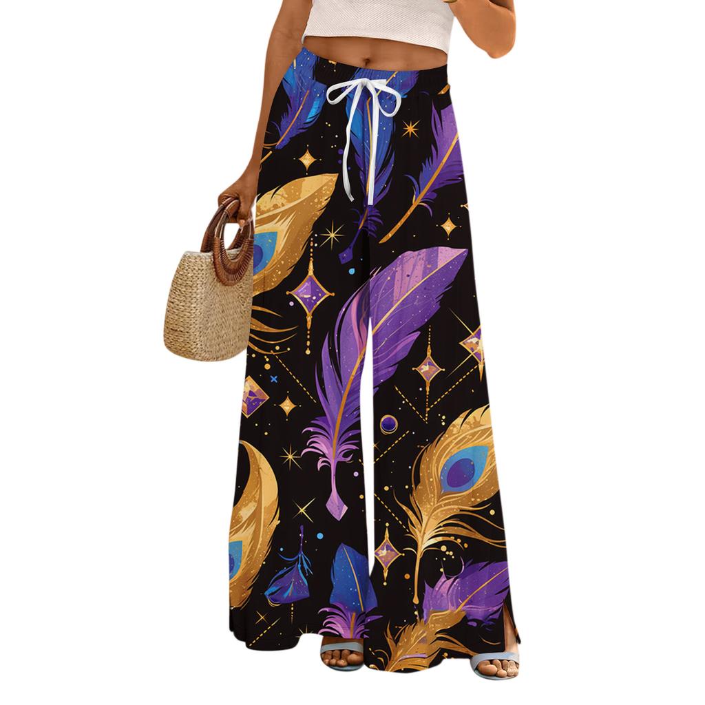 Damskie Luźne i Codzienne Spodnie z Szerokimi Nogawkami z Nadrukiem, z Elastycznym Pasem, Sznurkiem i Kieszeniami