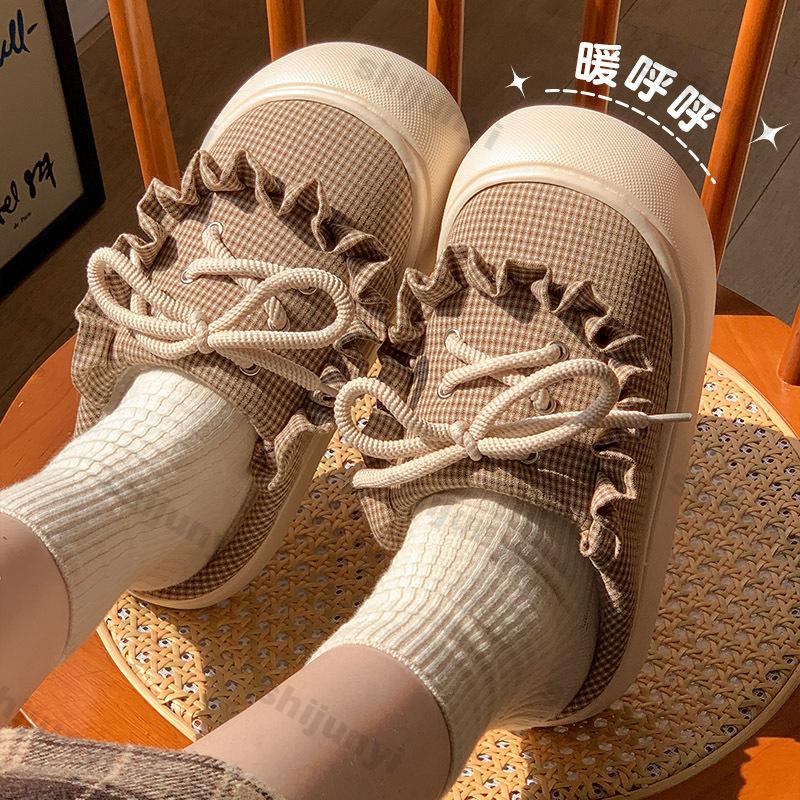 Fashion Women Cute Bowtie Mary Jane Cotton Slippers 2025 Winter Soft Thick Bottom Outdoor Slippers Woman Non-Slip Flat Heels House Shoes