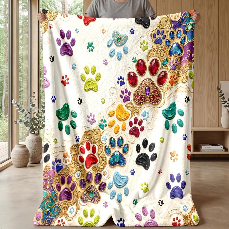 Colorful Paw Prints Pattern Blanket Personalized Name Flannel Blanket Soft Cozy Plush Throw for Sofa Bed Lightweight Home Decor