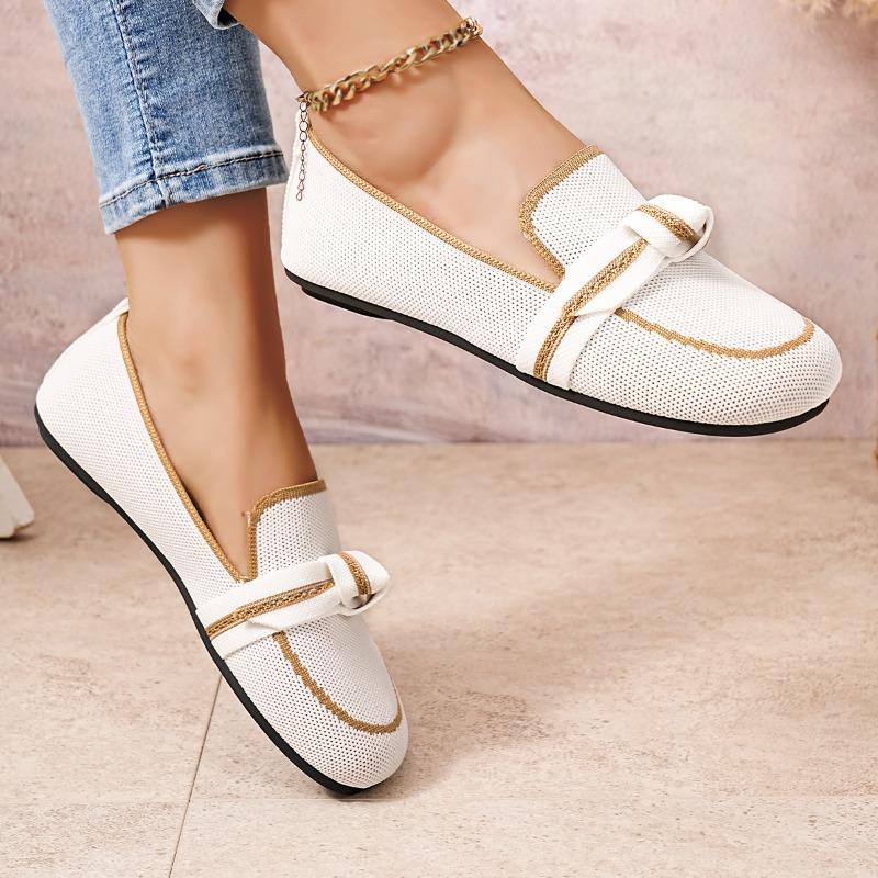 Women's Wide Width Bow Detail Flyknit Flats - Round Toe Slip-On Casual Shoes for Fall, Comfort Breathable Loafers