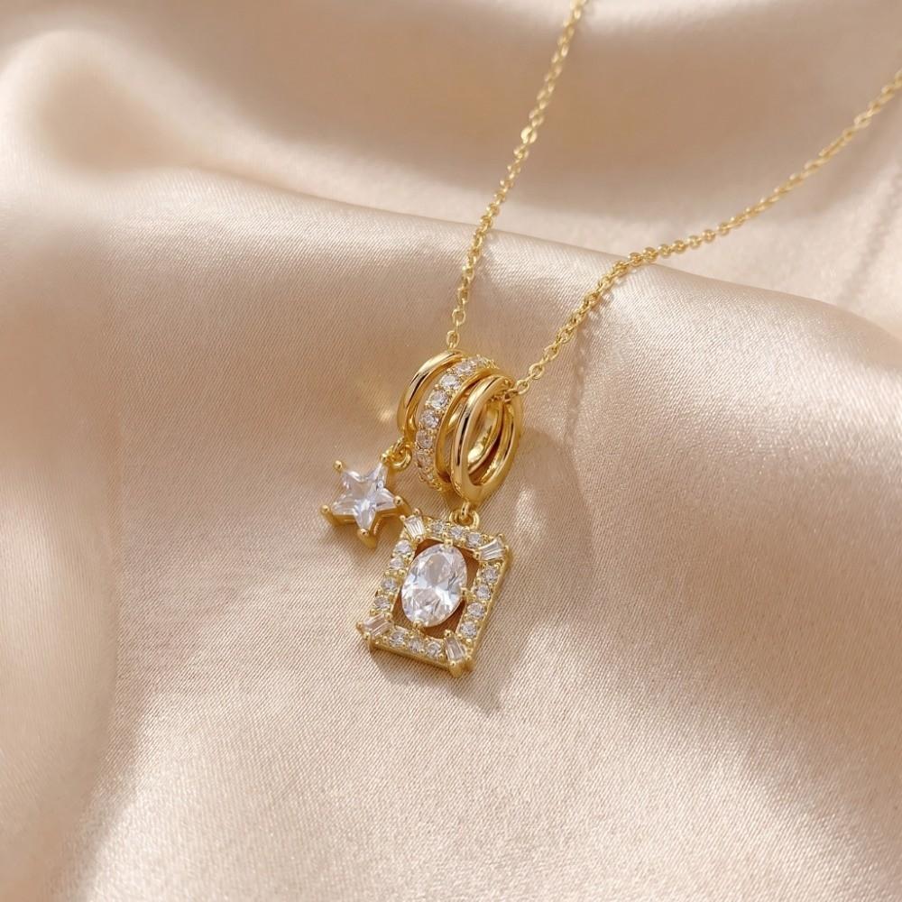 Crystal Vintage Square Necklace Charm Zircon Collarbone Chain Star Pendant Necklace  Gift