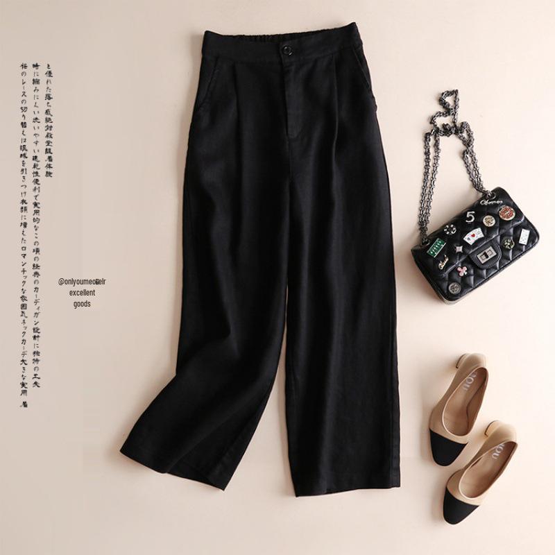 2024 Spring/Summer Women's Cotton Linen Wide-Leg Casual Nine-Point Trousers