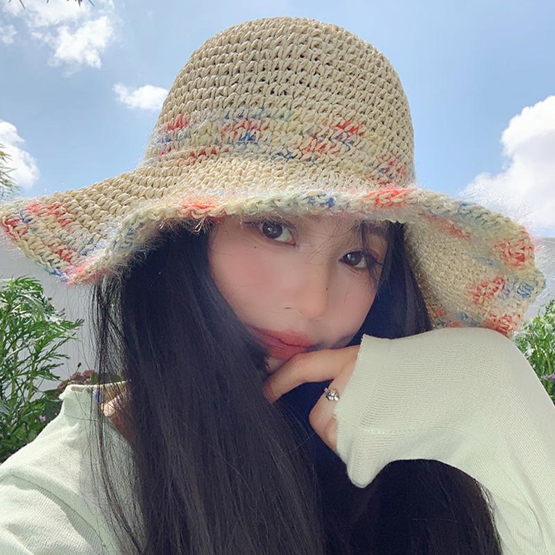 Summer Colorful Woven Straw Hat For Seaside Vacation Breathable Hollow Out Large Brim Uv Resistant Sun Hat