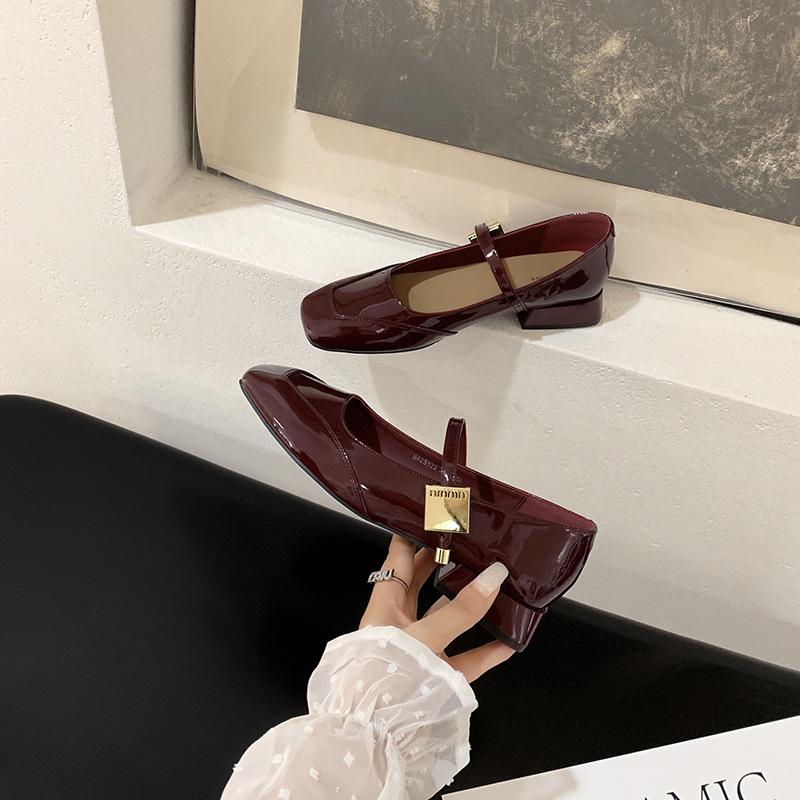 Sheepskin Version~ Metal Buckle Miu Shoes Square Head Mary Jane Shoes Women's French Gentle Commuting Red Thick Heel Single Shoes