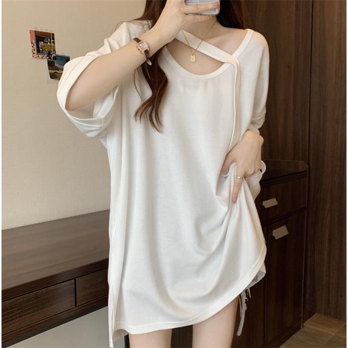 

D10# Нішевий дизайн Жіноча великого розміру приталена однотонна середньої довжини з коротким рукавом літня футболка 4XL білий