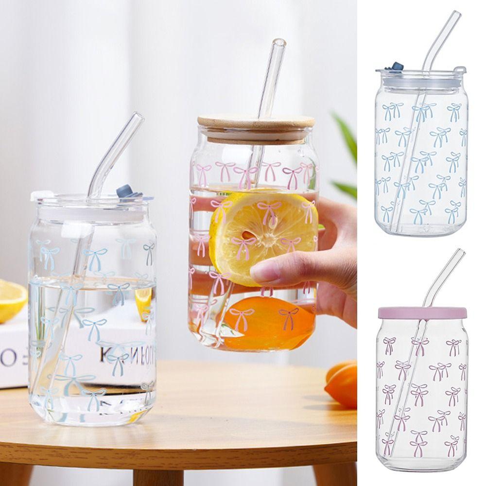 Stylish 500ML Bow Cups High Temperature Resistant With Lids Bowknot Glasses Glass Straw Cups for Drinking Milk
