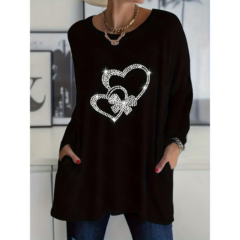 Women's Plus Size Casual Long Sleeve T-Shirt with Rhinestone Heart Design, Side Pockets and Crew Neck - Stretch Polyester