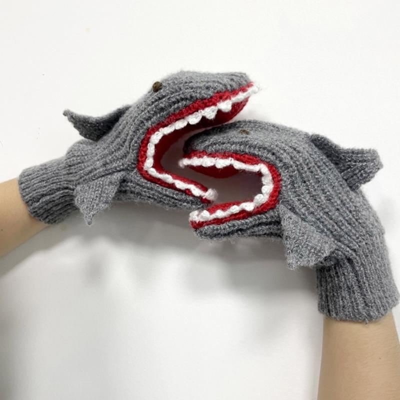 Unisex Windproof Gloves Warm Lining Mittens Cozy Cartoon Shark Shape Cycling Mittens Winter Cold Weather Accessories