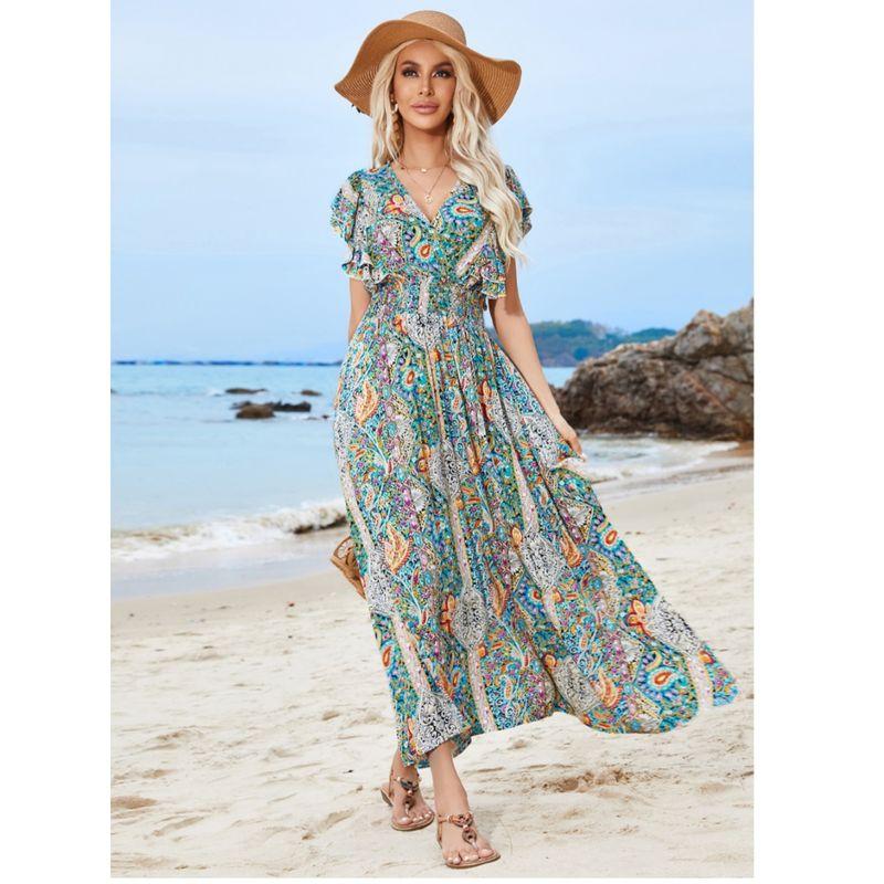 Bohemia Style Front and Back V-neck Tied Elastic Waist Rayon Floral Split Lotus Leaf Sleeve Dress Beach Dress