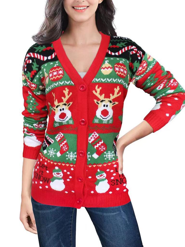 2025 Autumn/Winter Women's Long Sleeve Knit Cardigan – Casual European & American Style Christmas Sweater Coat