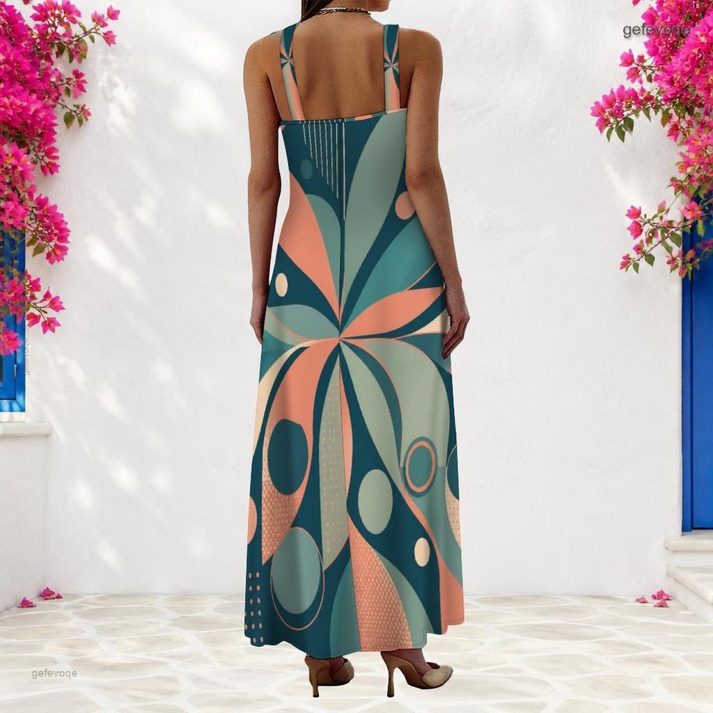Women Plus Size Scoop Neck Strappy Sleeveless Geometric Printed A Line Long Dress