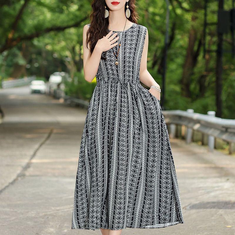 New Summer Floral Cotton-Silk Sleeveless Dress - Plus Size, Loose Fit, Slimming, Vacation Style Mom’s Long Dress