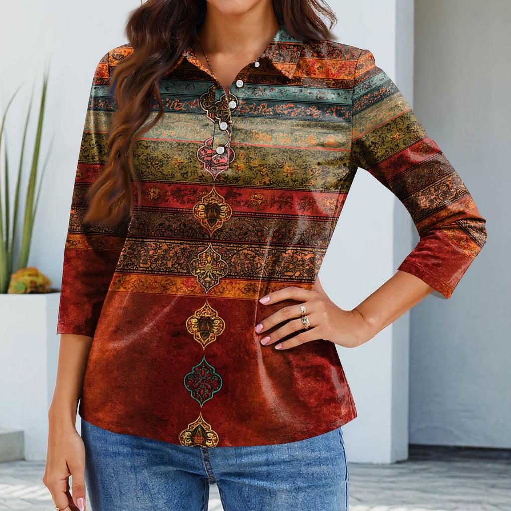 Women's Fashion Casual Lapel Short 3/4 Sleeve Print Shirt Women's Button Up Tops
