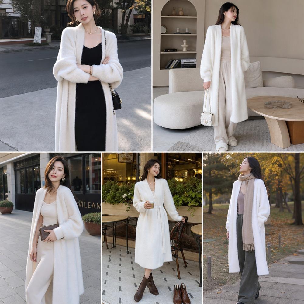 Faux Mink White Knit Cardigan Coat Women Autumn Winter Loose Fluffy Long Oversized Fuzzy Plush Sweater Jacket