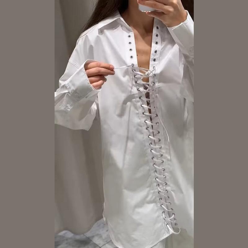Loose Lapel Hollow Out Women's Shirt White Long Sleeve Bandage Lace Up Female Shirts 2025 Spring Summer Fashion Lady Top Street