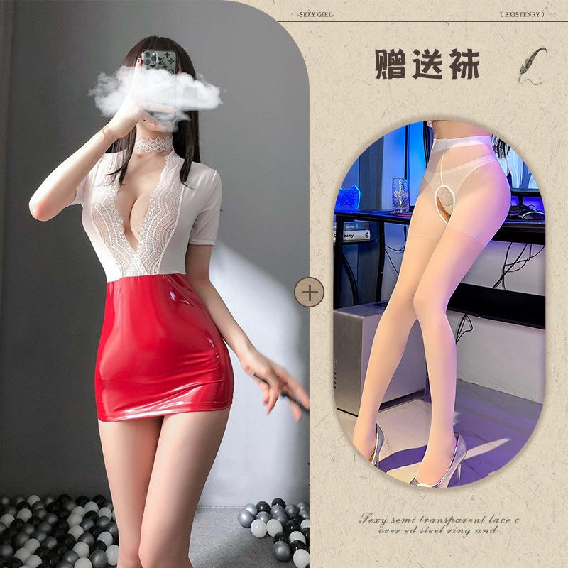 New Sexy Underwear Sexy Women OL Office Temptation Burst Tits Hip-wrapped Secretary Patent Leather