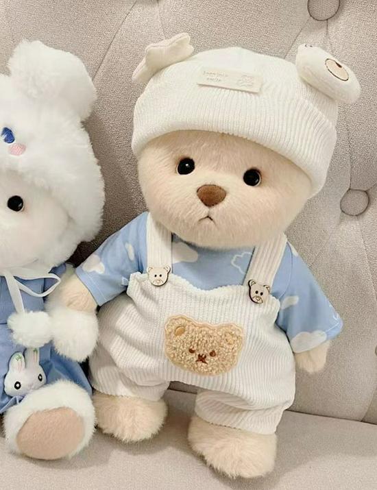 Medium Bear Outfit - Blue Pink Striped Carrot Overalls Set