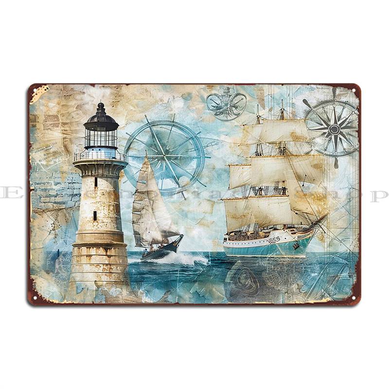 

Винтажное морское искусство с маяком, парусными кораблями и морскими компасами. Металлическая табличка. Дизайн. Печать. Классическая жестяная табличка. Постер. 7.9x11.8In(20x30cm)