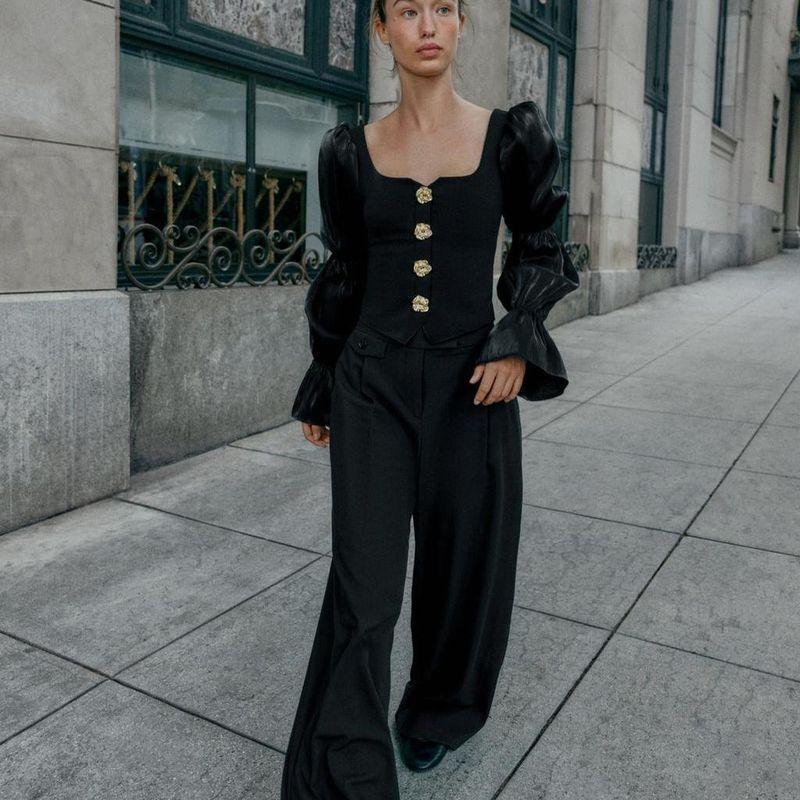 Za Autumn New Arrivals Women's Clothing Zr European and American Style Fashion Button Patchwork Stretch Slim Fit Top 5584218