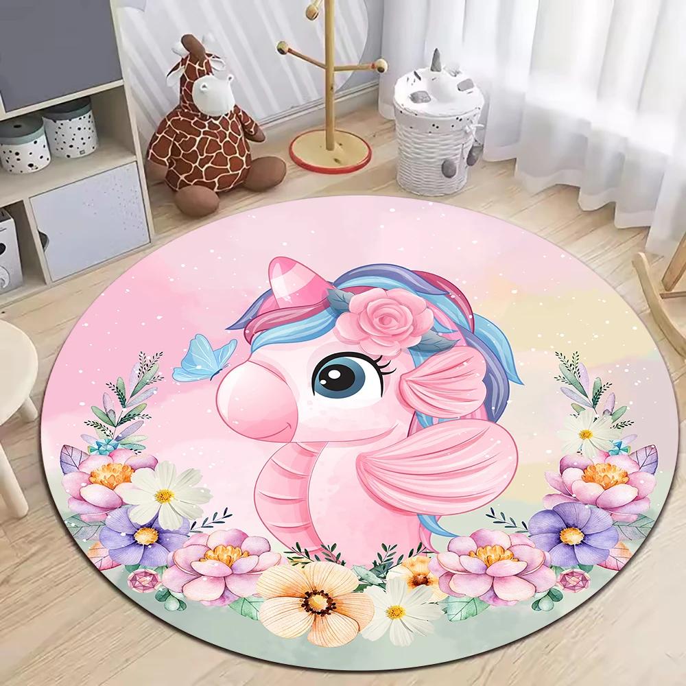 Pink Unicorn Round Rug Living Room Sofa Decor Rug Nursery Children Play Mat Kid's Bedroom Bedside Floor Mat Hallway Nonslip Rug