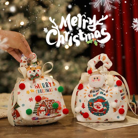 Christmas Gift Bag with Drawstring Reusable Candy Bag for Treats Cookie Goodies Xmas Eve Fruit Storage Bag with Santa Snowman Deer Doll