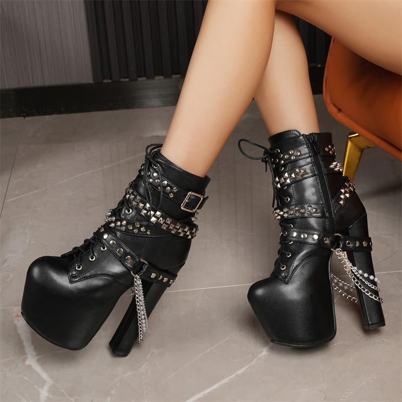 Punk Style Rivet Chain Platform Chunky Ankle Women Boots Fashion Zipper Super Extremely Heels Shoes Booties