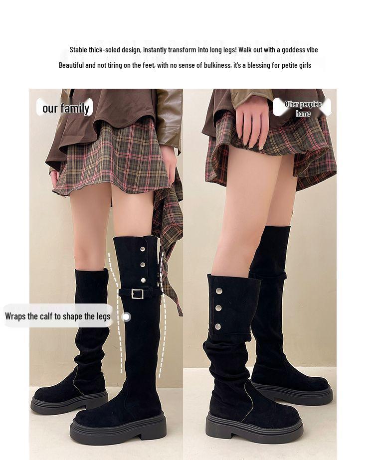 Women's 2025 Aut/Win Thick-Soled Over-the-Knee Foldable Knight Boots - Chunky Heel in Black/Khaki