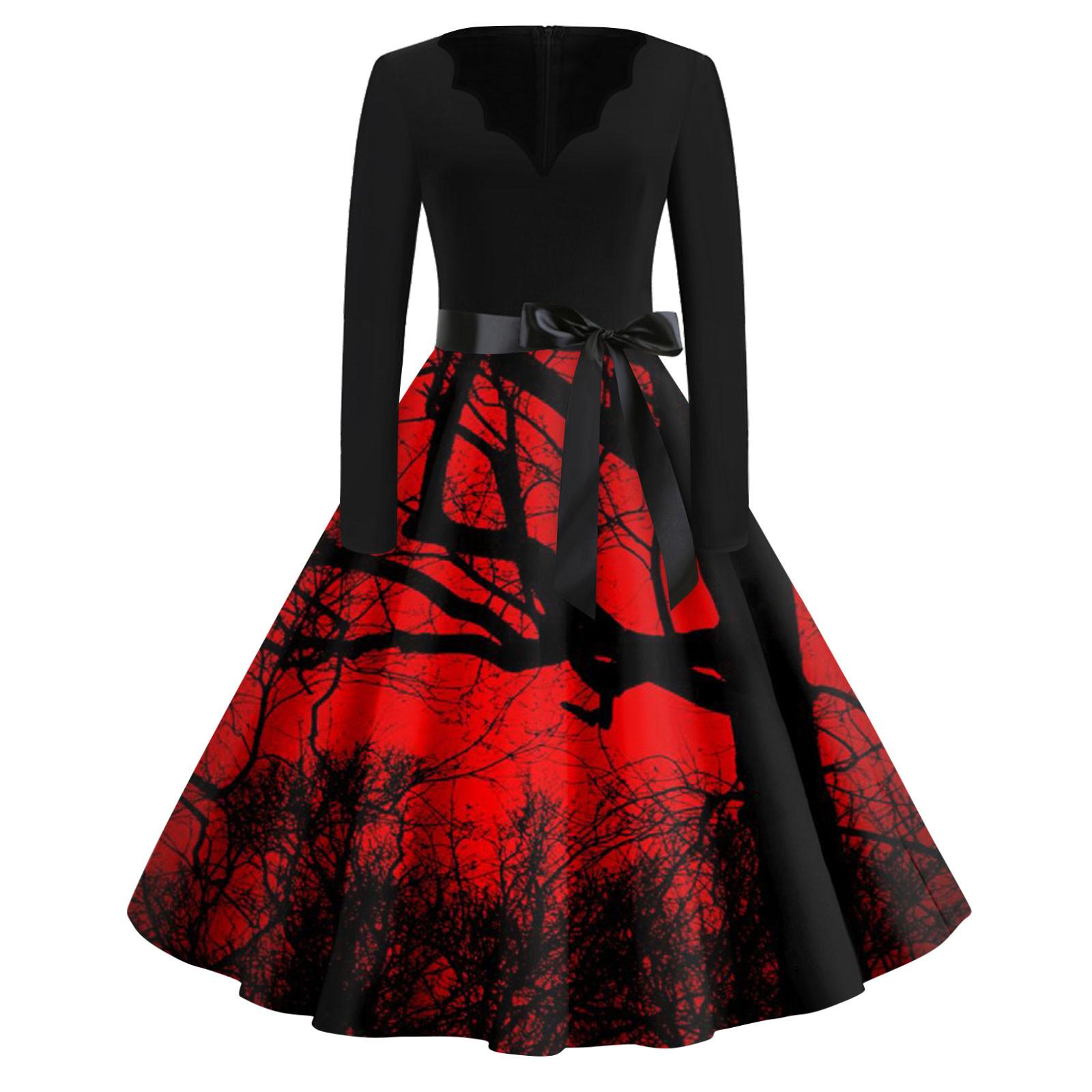 

Женская мода с v-образным вырезом, повседневные тонкие платья с длинными рукавами и принтом на Хэллоуин S красный