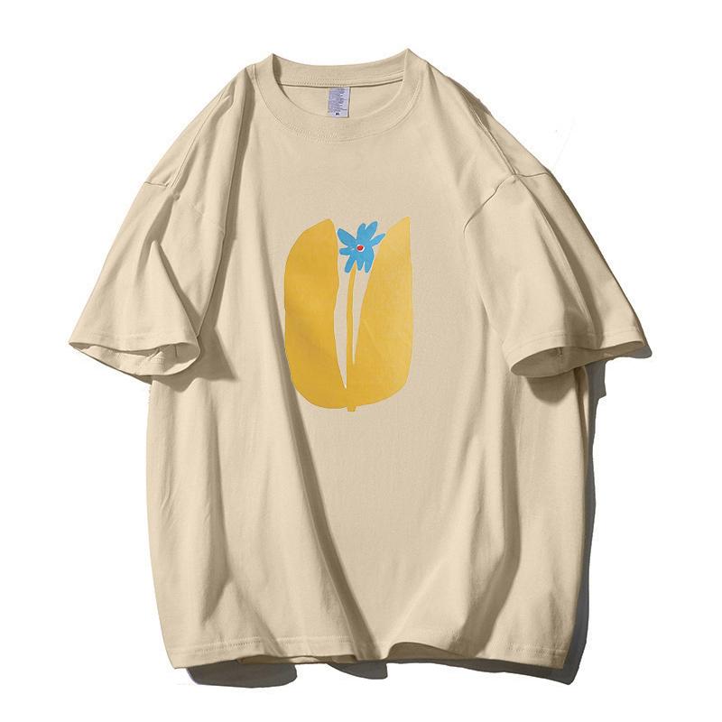 Shellsuning Summer Aesthetic Floral T Shirts Women Loose Short Sleeve Cotton Printed Tees Female Casual O Neck Vintage Base Tops
