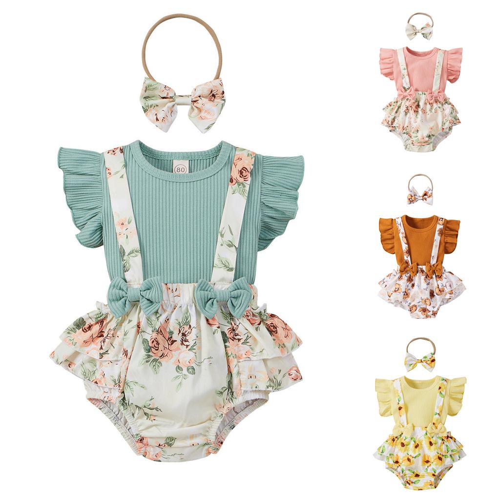 Neugeborenen  Blumige Sommer-Outfits Geripptes T-Shirt und Shorts Stirnband